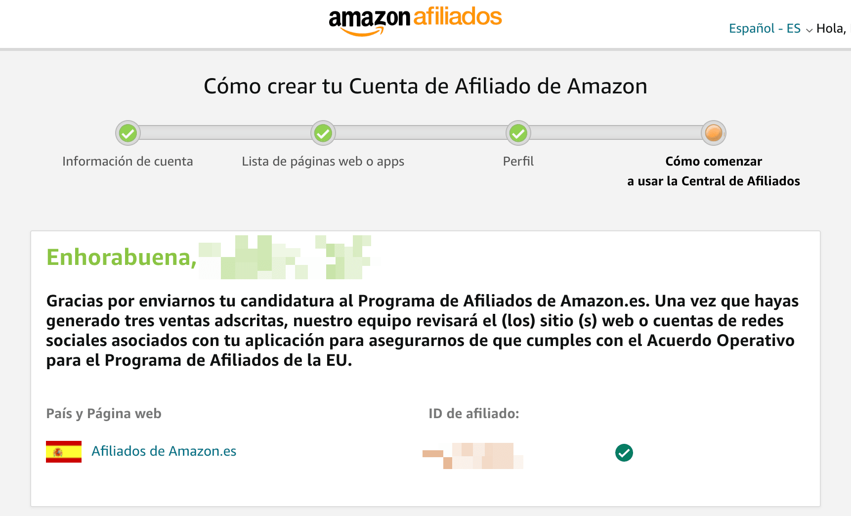 Cuenta de afiliado de Amazon creado con éxito