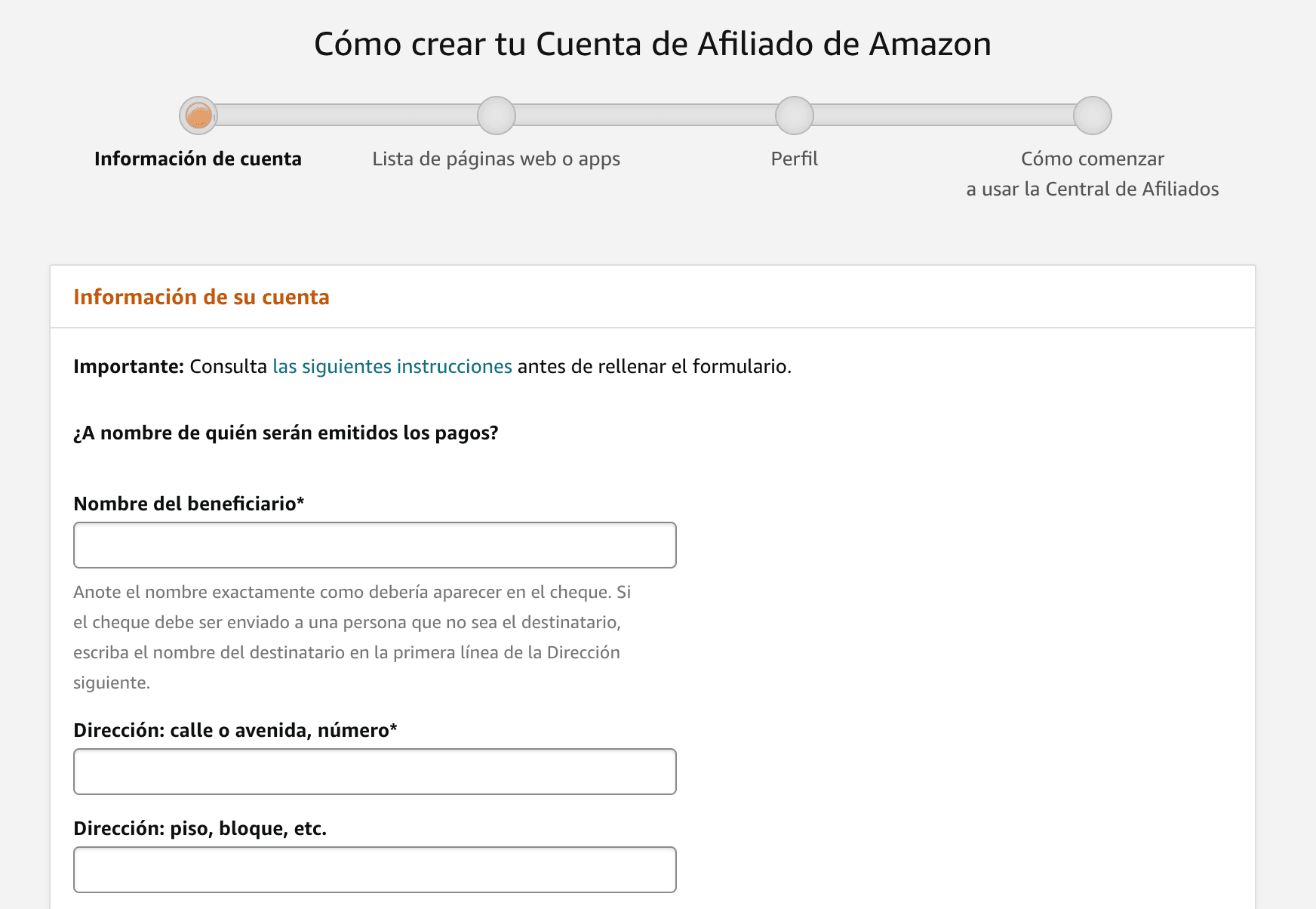 Datos del beneficiario de pago para Amazon Afiliados