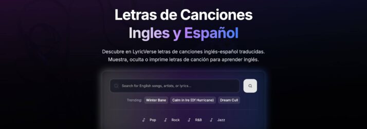 Captura de pantalla de LyricVerse.net, sitio web con letras de canciones en inglés y español, traducidas para aprender inglés.