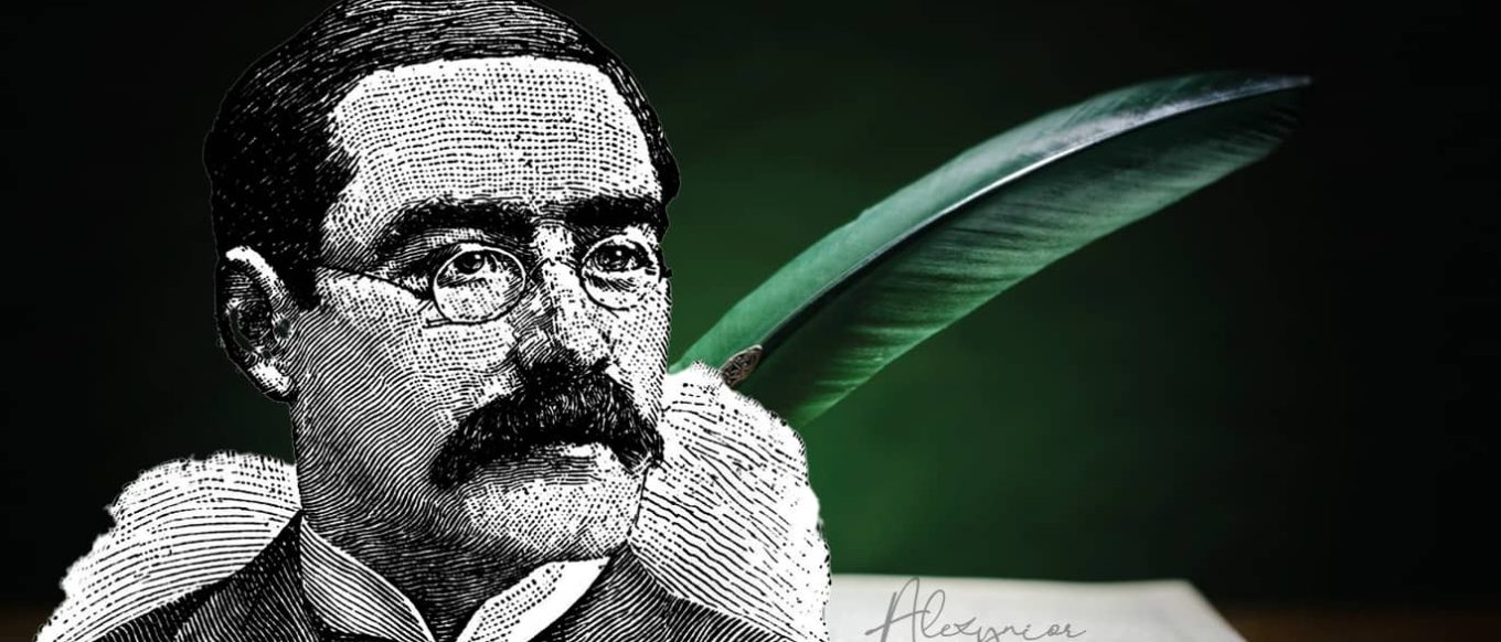 Poema de Kipling "Si": "If" by Rudyard Kipling 2 Ilustración de Rudyard Kipling con un libro y una pluma, simbolizando su famoso poema 'Si' (If) y su legado literario.