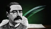 Ilustración de Rudyard Kipling con un libro y una pluma, simbolizando su famoso poema 'Si' (If) y su legado literario.
