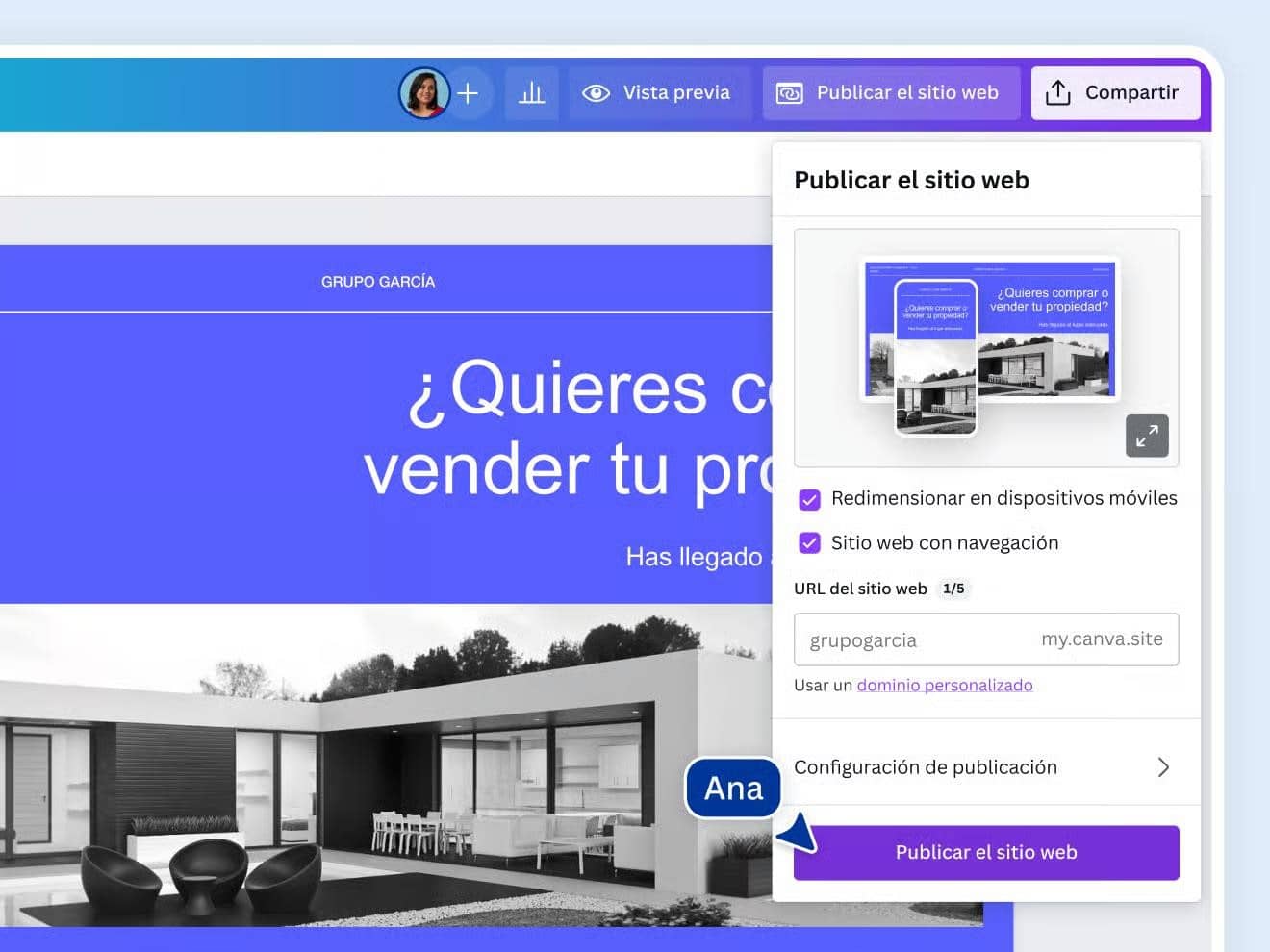 Captura de pantalla del constructor de sitios web de Canva mostrando la vista previa de un sitio web y las opciones de publicación.