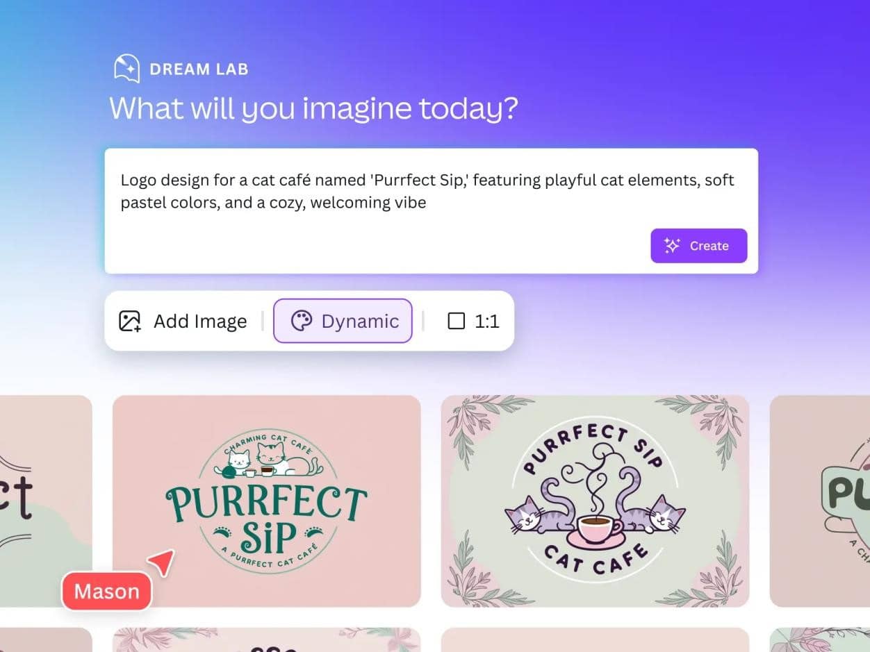Interfaz de un generador de logos con IA; crea diseños de logos para "Purrfect Sip" con elementos de gatos, colores pastel y un ambiente acogedor.