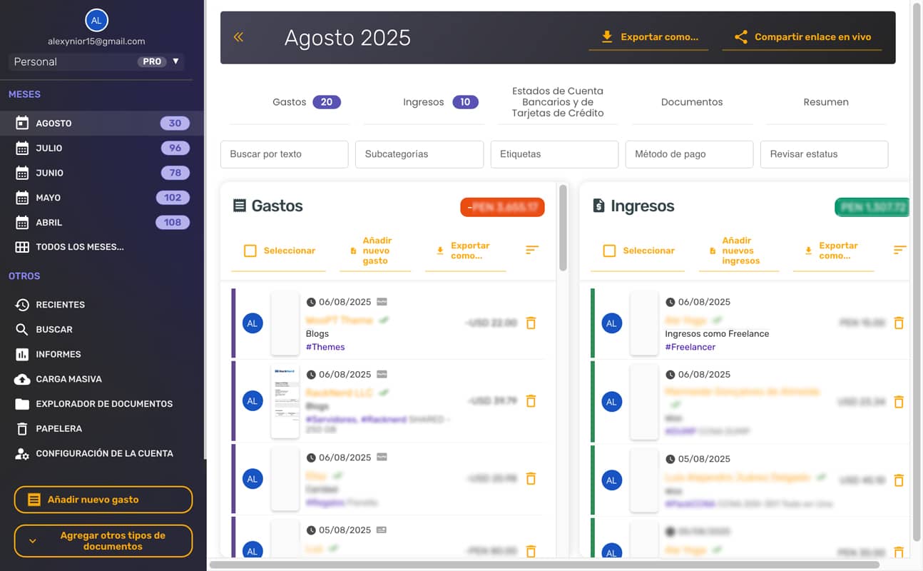 Interfaz de SparkReceipt para llevar el control de presupuestos y finanzas personales.