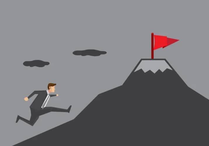 Ilustración de un hombre subiendo una montaña, mostrando los Beneficios de la Disciplina para lograr metas.