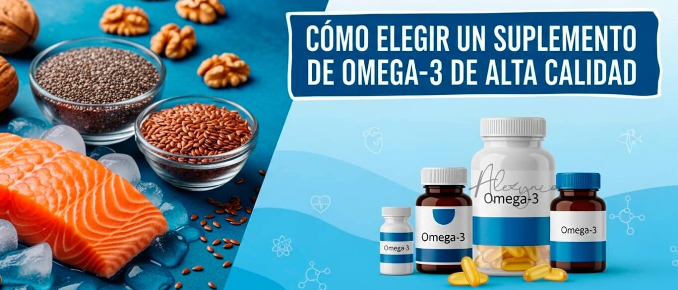 Guía visual sobre cómo elegir un suplemento de Omega 3 de altísima calidad, mostrando fuentes naturales y botes de cápsulas.